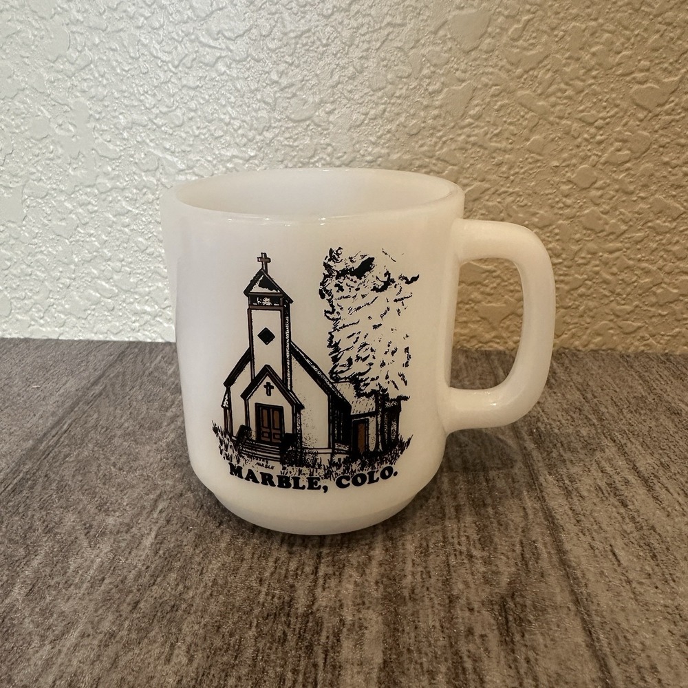 Vintage Milk Glass Mug Marble Colorado Church Graphic Glassbake